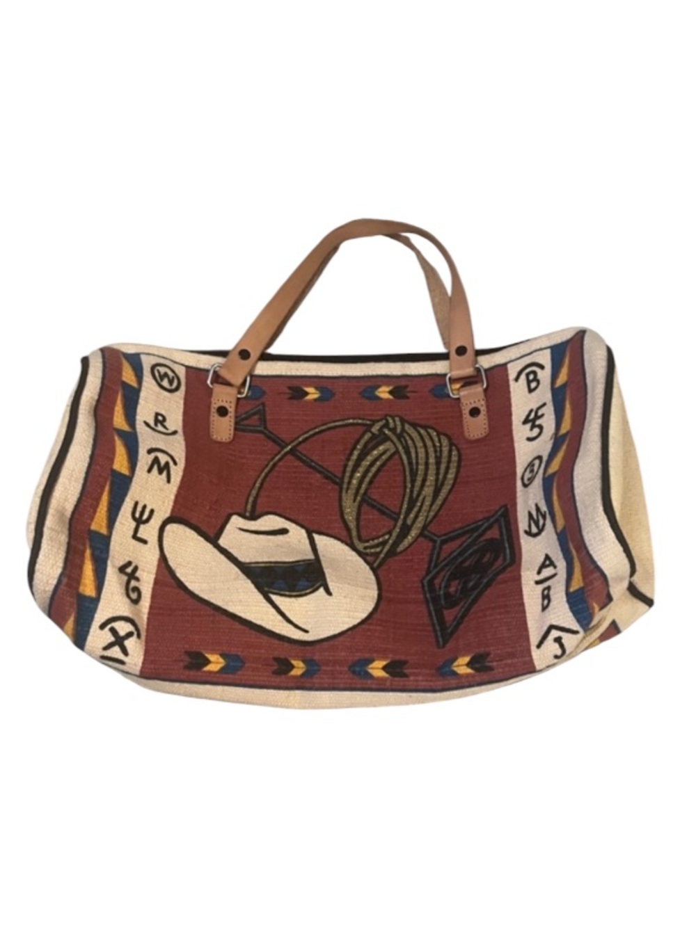 Saddle Blanket Cowboy Country-core Rust Red Embellished Rug Canvas Leather Tote - Picture 2 of 8